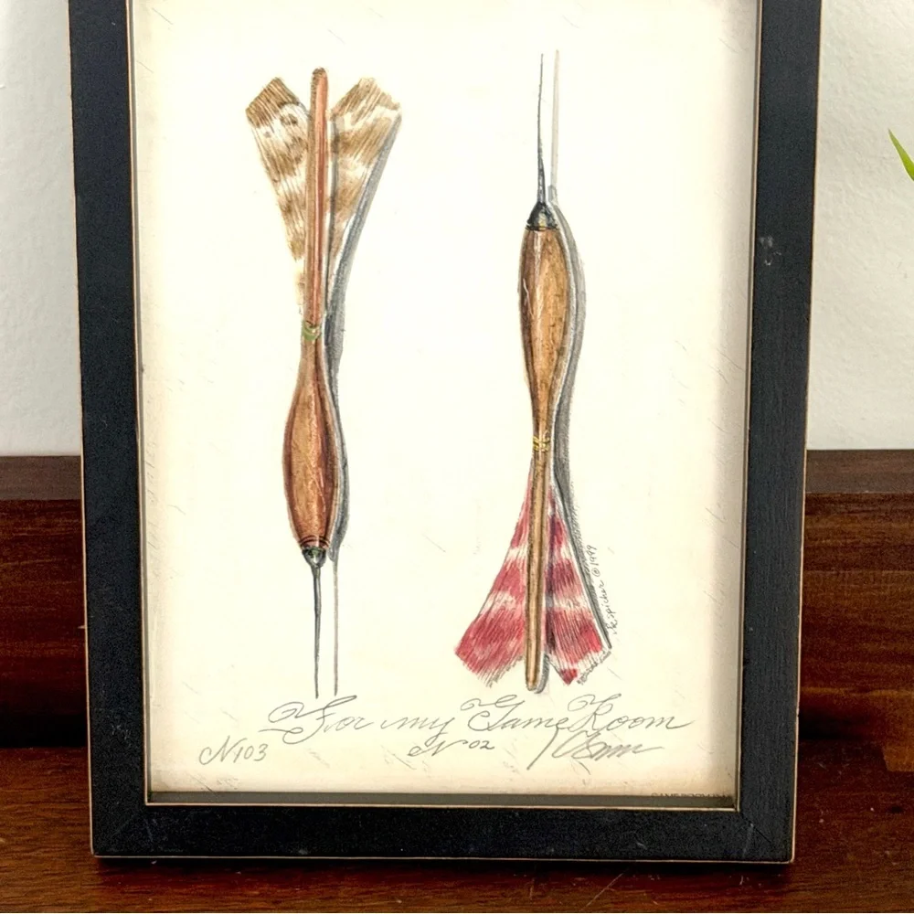 Vintage Darts Game Room Framed Art Kolene Spicher Signed Dated 1999 Man’s Cave